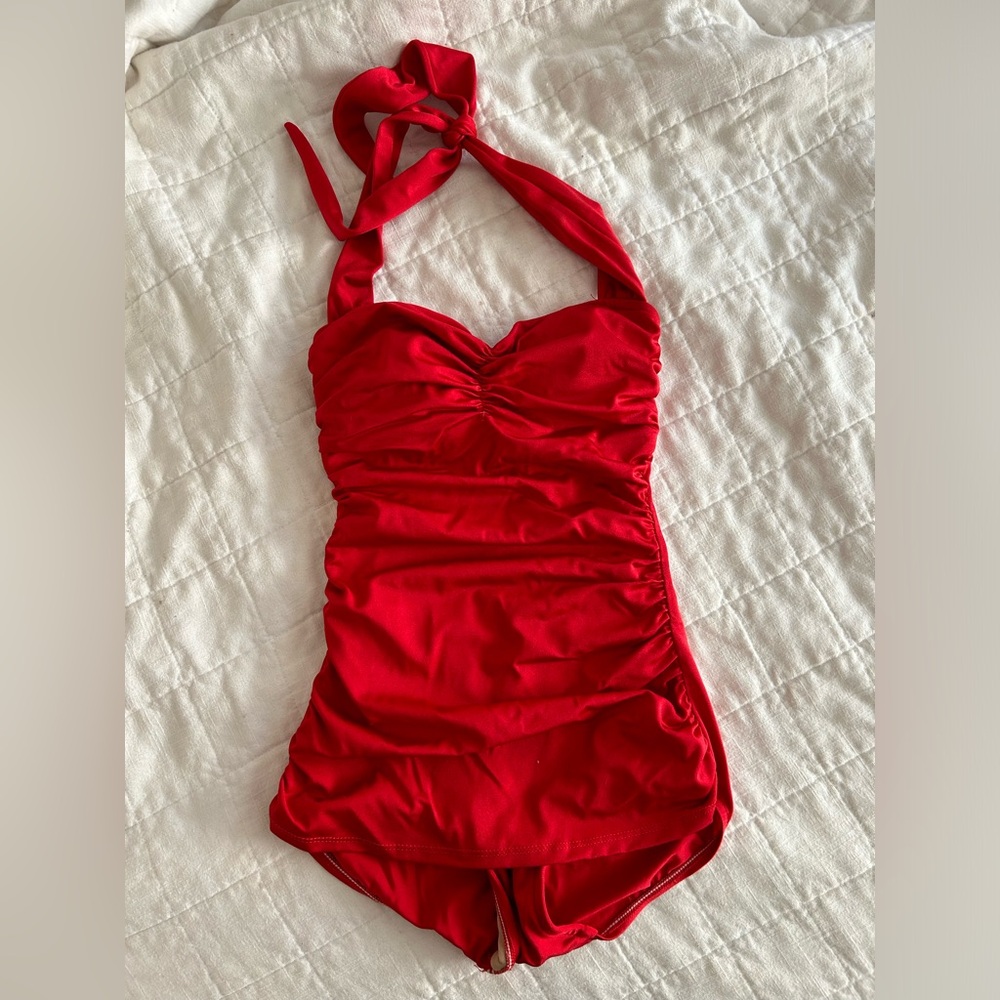 Red pinup-style one-piece swimsuit